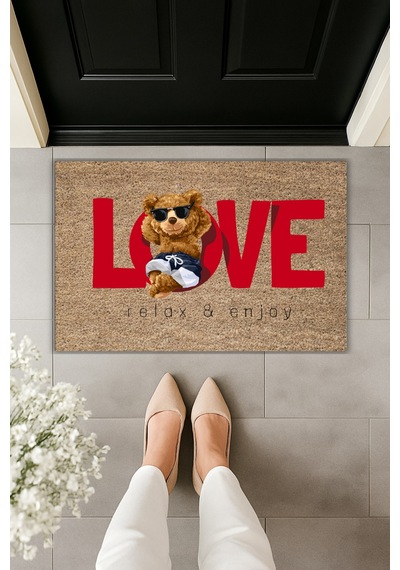 Rugmood Modern Dijital Baskı Paspas - Ayıcık Love - Kapı Önü Paspası 70x45cm Kahverengi