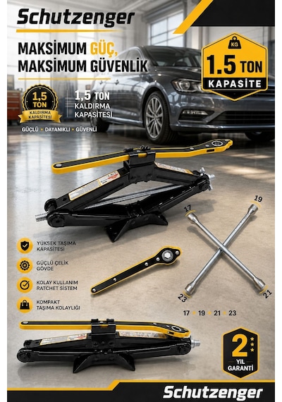 Oto Araç Kriko 1.5 Ton Katlanır Makas Cırcır Bijon Anahtar Cırcır  17-19-21-23 Anahtar K-3672