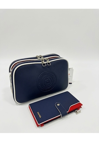 Just Polo Kadın Çift Fermuarlı Günlük Kullanıma Uygun Lüks Spor Çantası Ve Cüzdanı Ebat: 27x17 Cm Beyaz - Lacivert - Kırmızı