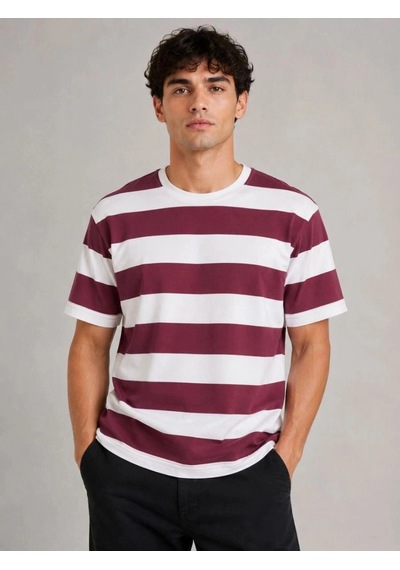 Freedom Store Erkek Çizgili Oversize Tişört Bisiklet Yaka Kısa Kol Yazlık T-shirt - Bordo