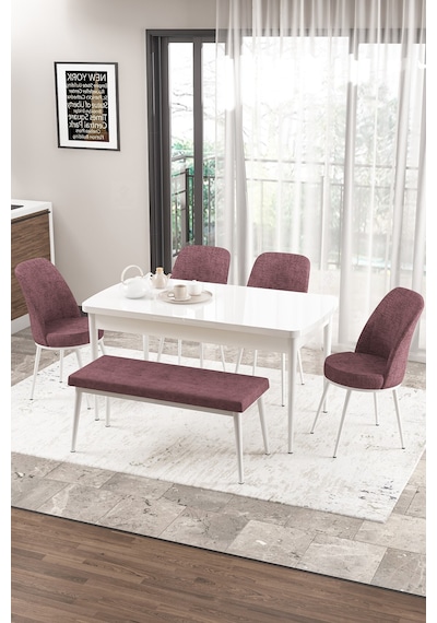 Canisa Concept Zen Serisi 80x132 Mdf Açılabilir Beyaz Masa Takımı 4 Gül Kurusu Sandalye Ve 1 Bench Masa Beyaz Sandalye Ve Bench Gülkurusu