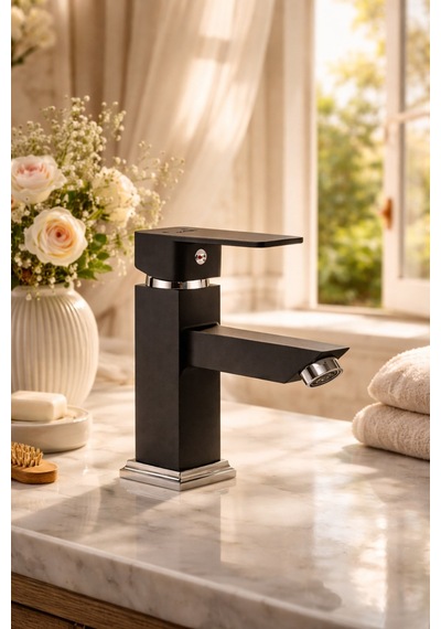 Viosa Mat Siyah Lavabo Bataryası Modern Kare Tasarım Banyo Musluğu Sıcak Soğuk Ayarlı Çift Su Girişli