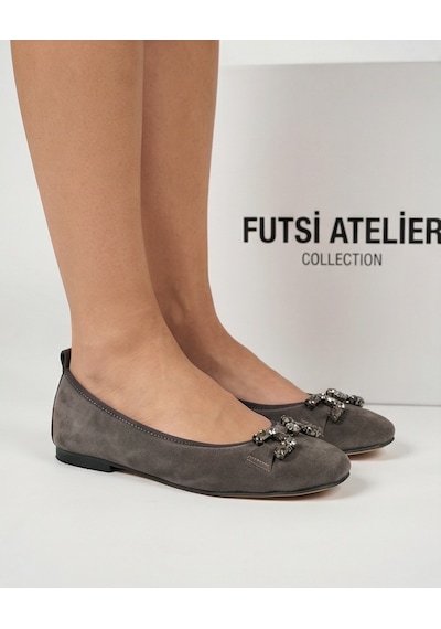 Futsishoes Mıstral Füme Süet Hakiki Deri Taş Tokalı Kadın Babet Ayakkabı Gri