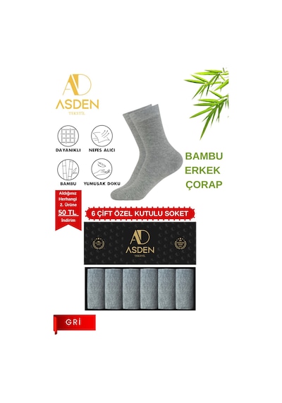 Asden Bambu Erkek Soket Çorap 3 Siyah 3 Lacivert Premium Kutu, Burun Dikişsiz, Yıkamalı 6 Gri