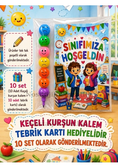 Okula Yeni Başlayan Öğrencilere Sınıfımıza Hoşgeldin Yazılı 10 Adet Hediye Seti 1. Sınıf- Sene Başı Hatırası Keçeli Kalem Tebrik Kartı Hediyeli