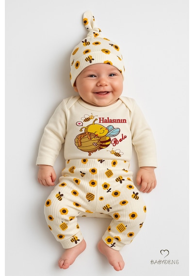 Babyden's Halasının Balı 3 Lü Yenidoğan Takım %100 Pamuk Uzun Kol Body,çiçek Arı Desenli Pantolon,bere Ekru