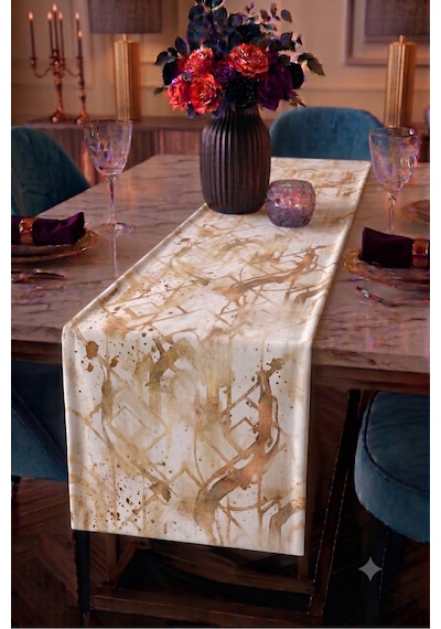 Premium Masa Runner Dijital Baskılı Soyut Şekil Desenli Dekoratif Salon Mutfak Yemek Masası Runner Örtüsü 45x140 Cm Altın