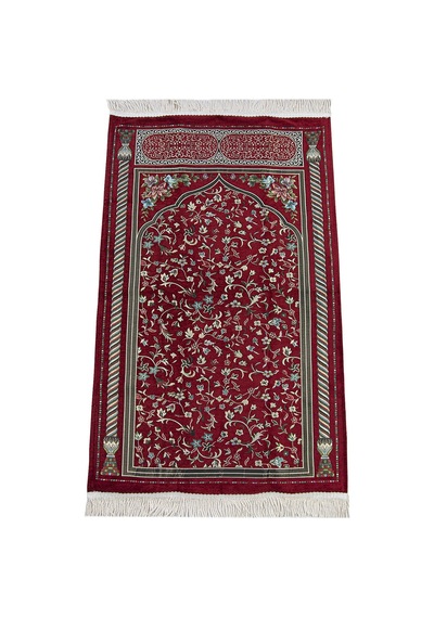 Bordo Çiçekli Ravza Desenli Astarlı Şönil Seccade 001