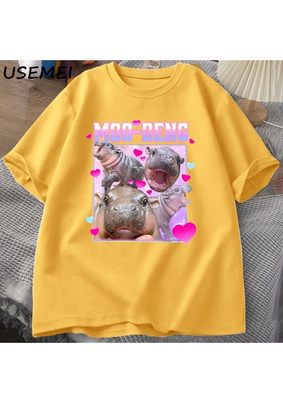 Flood Of Style Komik Moo-deng Bebek Pygmy Hippo Sevimli Hayvanat Bahçesi T Shirt Adam Kadın Nedensel Pamuk K Sarı