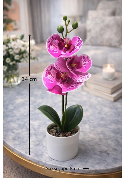 Yapay Orkide Saksılı 34 Cm 3 Başlı Dekoratif Çiçek Gerçek Görünümlü Phalaenopsis Orkide