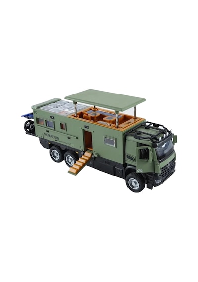 Motosikletli Karavan Kamyon Modeli - 23 Cm Sesli Işıklı, Açılabilir Tavanlı Çek Bırak Metal Kamp Oyuncağı