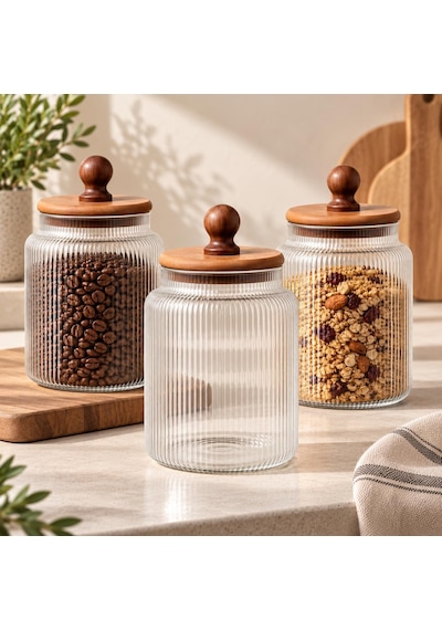 Tr 3'lü 1200 Ml Akasya Kapaklı Çizgili Cam Kavanoz Saklama Seti Diğer