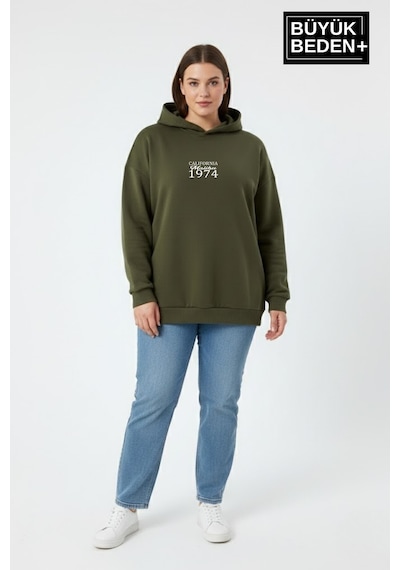 Süperlife Kadın Büyük Beden California 1974 Baskılı Kapüşonlu İnce Sweat Rahat Kalıp Hoodie Spr26bswk965 Haki