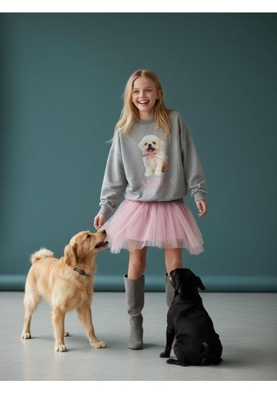 Kız Çocuk Pamuklu Köpek Baskılı Oversize Tasarım Sweatshirt-16472 Vizon