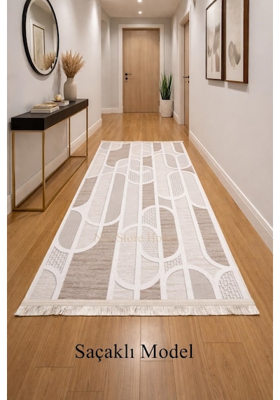 Kaymaz Taban Saçaklı Krem Bej Modern Geometrik Yıkanabilir Koridor Salon Mutfak Yolluk Halı Bej