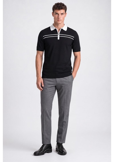Sabri Özel Siyah Regular Fit Fermuarlı Polo Yaka Örme Triko T-shirt