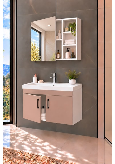 Latte 80 Cm, Lavabolu Banyo Dolabı, Lavabo Dahil, Ayna Dahil, Beyaz - Latte