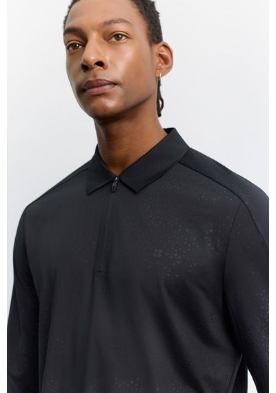 Avva Erkek Siyah Polo Yaka Düğmeli Teknik Kumaş Uzun Kol Basic Regular Fit T-shirt A62y1015