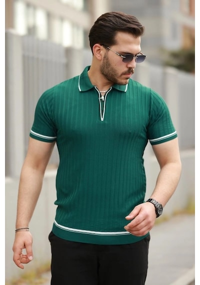 Vexor Erkek Fermuarlı Yakalı Kısa Kollu T-shirt Yeşil