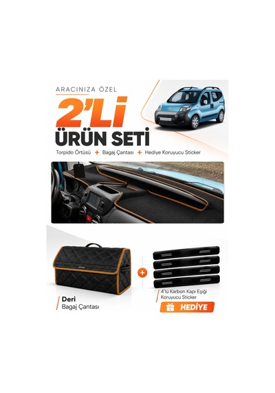 Cıtroen Nemo 2007-2020 Uyumlu Torpido Örtüsü + Deri Bagaj Çantası + Sticker - Siyah Kahverengi