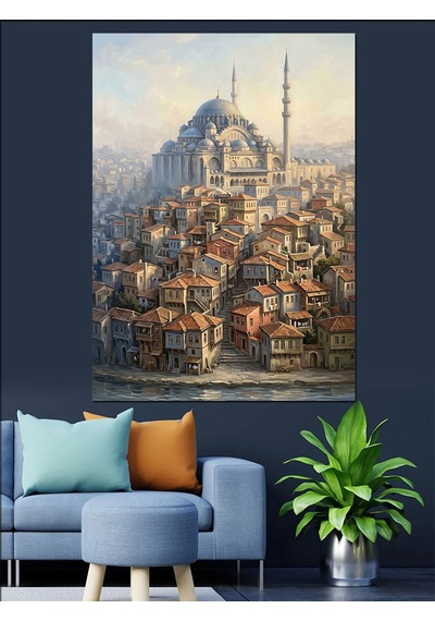 Süleymaniye Camii Ve Tarihi Evler Manzarası Dekoratif Kanvas - Mdf Ahşap Tablo Çok Renkli
