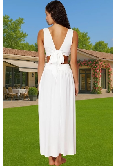 Frm Ekru Viskoz Maxi Elbise Cut Out Detaylı Plaj Elbisesi Dayanıklı M