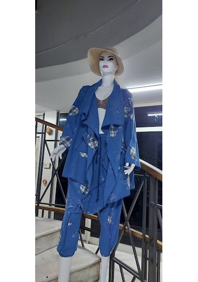 Boho Şalvar Pantolon Asimetrik Ceket Takım Mavi
