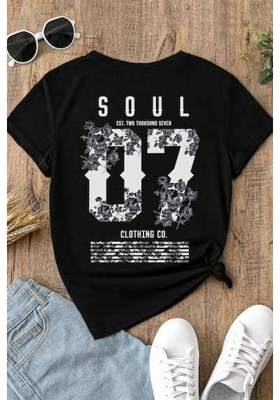 Spoyi Soul 07 Tasarımlı %100 Pamuk Yarım Oversize Siyah T-mhirt