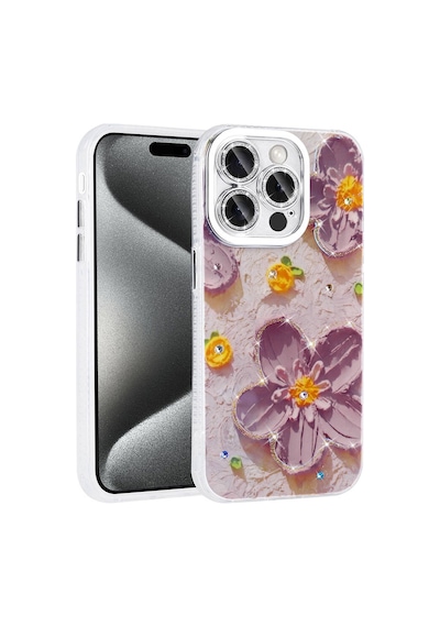 Zore Apple iPhone Uyumlu 14 Pro Max Kılıf Çiçek Desenli Parlak Taşlı Sert Silikon Ogaa Garden Kapak - Mor