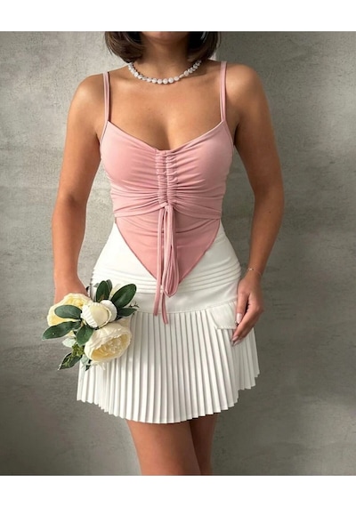 Önü Büzgülü Askılı Crop Pembe
