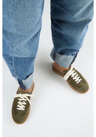 Manijero Krahe Barbella Kadın Hakiki Deri Bağcıklı Sabo Haki Sneakers