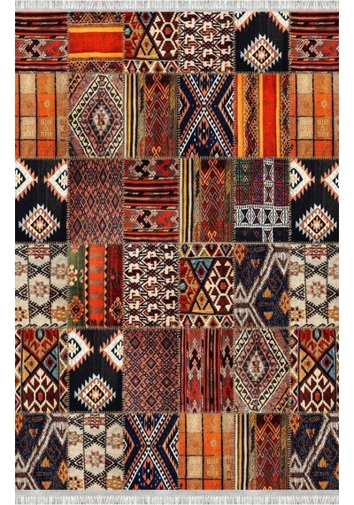 Turuncu Kahve Çok Renkli Salon Halısı Etnik Patchwork Dijital Baskılı Kaymaz Tabanlı Halı Dijital