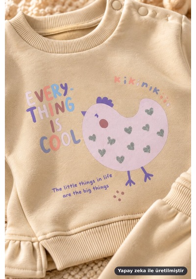 Ferasty İstanbul Unisex Bebek 2'li Takım Tavuk Baskılı Every Thing Is Cool Bej