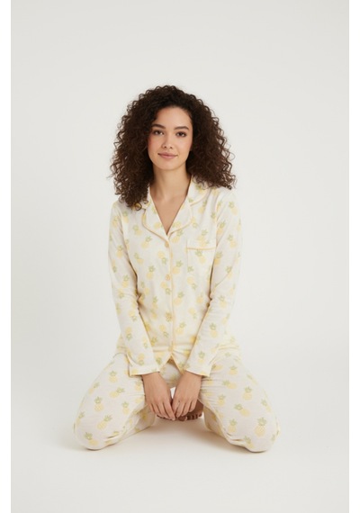 Luxury Viscose Ananas Desenli Kadın Uzun Kollu Pijama Takımı 42571 Sarı