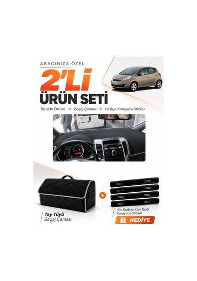 Kia Venga 2009-2011 Uyumlu Torpido Örtüsü + Tay Tüyü Bagaj Çantası + Sticker Seti - Siyah Gri