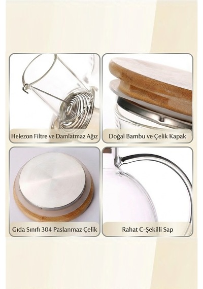 1000 Ml Isıya Dayanıklı Bambu Kapaklı Borosilikat Cam Demlik Ocak Üstü Şeffaf Bitki Çayı