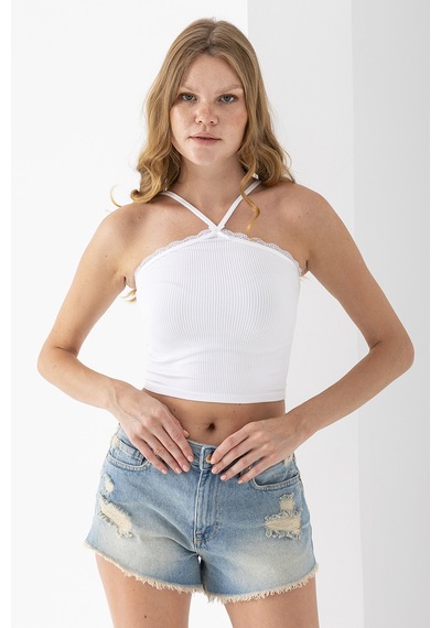 Giysa Kadın Çapraz Askılı Dantel Detaylı Crop Body Beyaz - Ms0000309 Beyaz