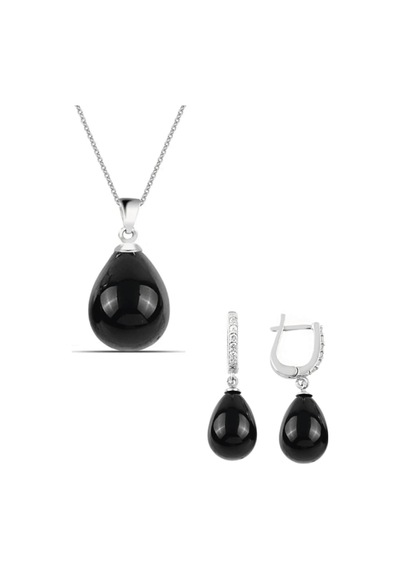 Gümüş Damla Model Kolye Küpe Oniks Taşlı Set