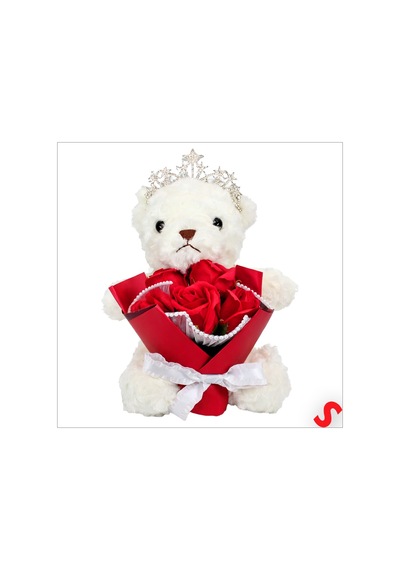 Pvc Kutulu,pelüş Ayıcıklı Ve Metal Taçlı Çiçek Buketi 28cmx18cm Renkli