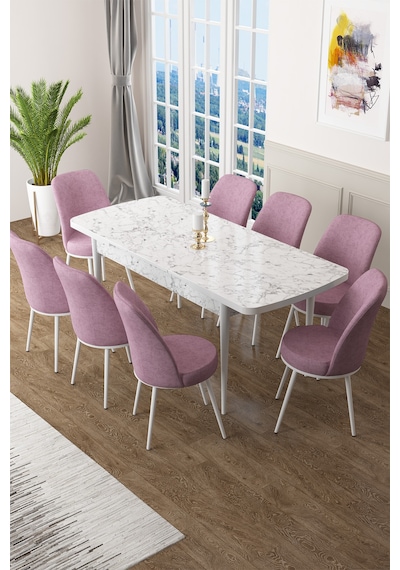 Canisa Concept Zen Serisi 80x132 Mdf Açılabilir Beyaz Mermer Desen Masa Takımı Ve 8 Pembe Sandalye Masa Beyaz/sandalyeler Pembe Canisa Concept Zen Serisi 80x132 Mdf Açılabilir Beyaz Mermer Desen Masa Takımı Ve 8 Pembe Sandalye Masa Beyaz/sandalyeler Pembe