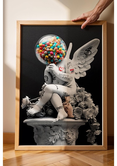 Pop Art Cupido Eros Melek Heykeli Grafiti Çerçeveli Tablo Sokak Sanatı Ofis İş Yeri Dekoru Modifiye Sanat
