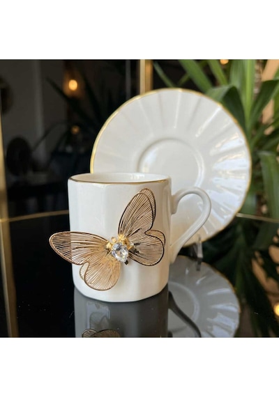 Çnr Home Collection Flora Luxe Serisi Altin Yaldizli Porselen Kahve Fincan & Tabaği - Çiçek Ve Kelebek Detayli 3 Model Altin