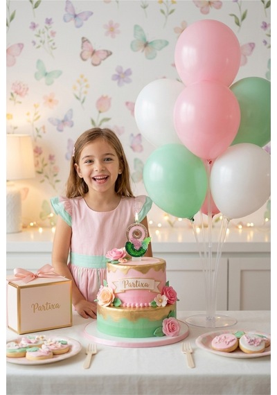 Peri Bahçesi Konseptli Kelebek Rakamlı Pasta Mumu & Balon Stand Seti - Pembe Yeşil Doğum Günü Süsleme Tüm Yaşlar