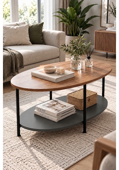 Oval Orta Sehpa 90 Cm İki Katlı Raflı Metal Ayaklı Modern Dekoratif Salon Sehpası Çam - Antrasit Oval Orta Sehpa 90 Cm İki Katlı Raflı Metal Ayaklı Modern Dekoratif Salon Sehpası Çam - Antrasit