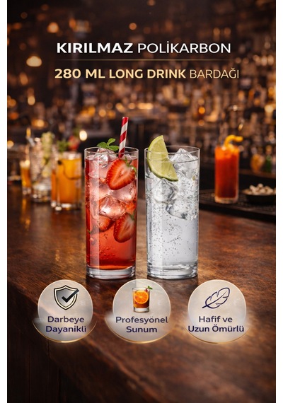Polikarbon Kırılmaz 280 Ml Long Drink Bardağı Cam Görünümlü Şık Tasarım Şeffaf