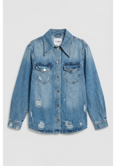 it's basic Kadın Mavi 12s6-4 Yırtık Detaylı Denim Gömlek