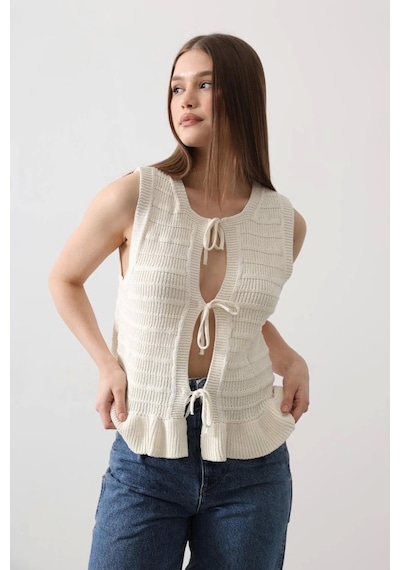 Defymoda Önü Bağlamalı Yelek - Ekru Ekru