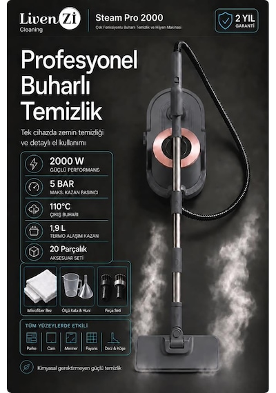 Livenzi Steam Pro 2000 Çok Fonksiyonlu Buharlı Temizlik & Hijyen Makinesi Gri