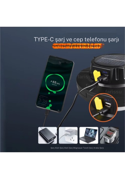 Solar Panelli Telefon Şarj Özellikli Çok Fonksiyonlu Kamp Lambası Aydınlatma Siyah