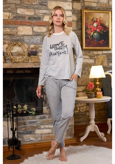 Cossy By Aqua 26230 Kadın Uzun Kollu Bisiklet Yaka Pijama Takımı-çizgili Desenli